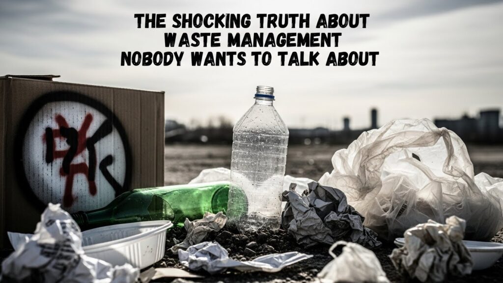 Scattered plastic bottles, bags, and waste on polluted ground with landfill background. Overlay text: 'The Shocking Truth About Waste Management Nobody Wants to Talk About' – exposing plastic pollution crisis
