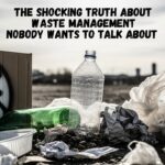 Scattered plastic bottles, bags, and waste on polluted ground with landfill background. Overlay text: 'The Shocking Truth About Waste Management Nobody Wants to Talk About' – exposing plastic pollution crisis
