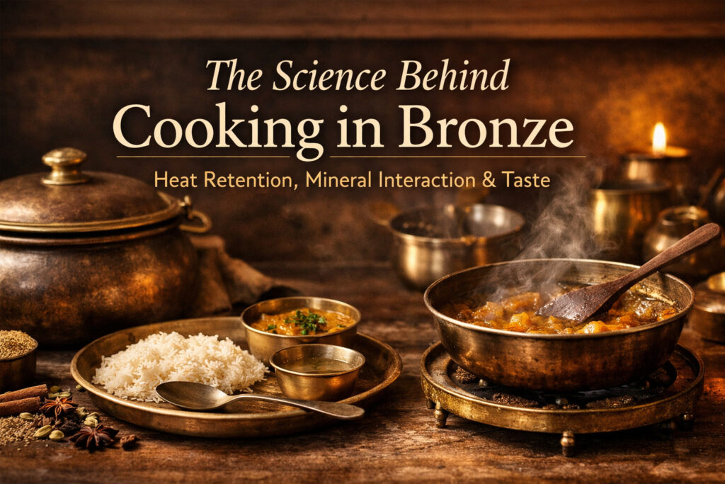 Cooking in bronze cookware showing even heat retention, traditional bronze utensils, and enhanced food taste in an Indian kitchen
