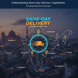 Infographic illustrating same-day delivery across Indian cities, featuring a map of India with delivery routes, city markers like Mumbai, Delhi, Bangalore, and a central delivery truck icon.