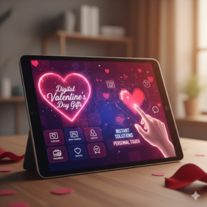 Tablet screen displaying digital Valentine’s Day gifts interface with glowing heart graphics, icons for e-gifts and experiences, and a hand interacting with a digital heart on the screen.