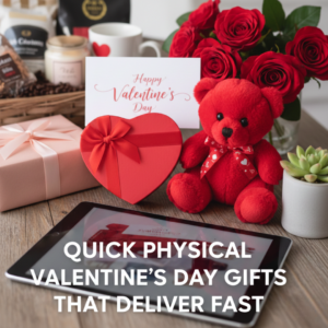 Arrangement of quick-delivery Valentine’s Day gifts including red roses, teddy bear, heart-shaped gift box, wrapped presents, greeting card, and a tablet highlighting fast physical gift delivery.