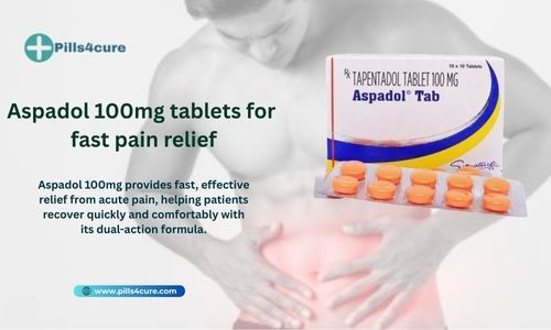 Aspadol 100mg tablets box and blister pack displayed with branding, highlighting fast pain relief for acute and chronic pain conditions.
