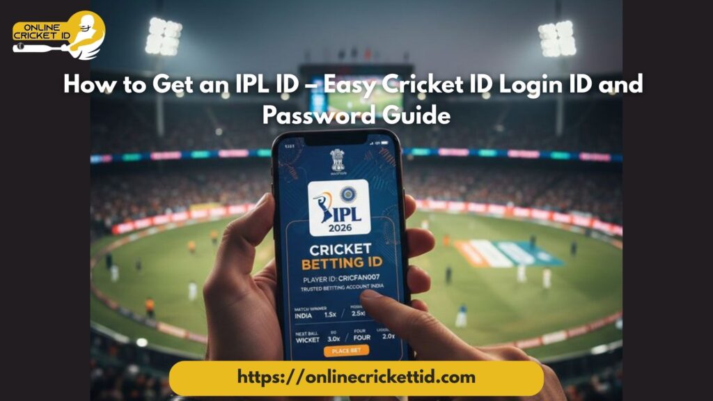 How to Get an IPL ID – Easy Cricket ID Login ID and Password Guide banner showing mobile screen with IPL Cricket Betting ID on Online Cricket ID platform inside cricket stadium.