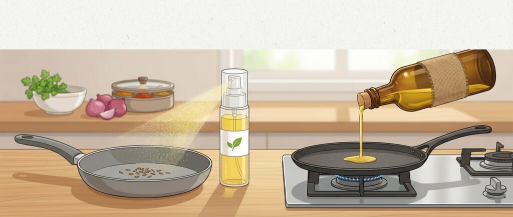 Side-by-side view of a cooking oil spray and a traditional oil bottle being used on a pan in an Indian kitchen, showing controlled oil application for everyday cooking.