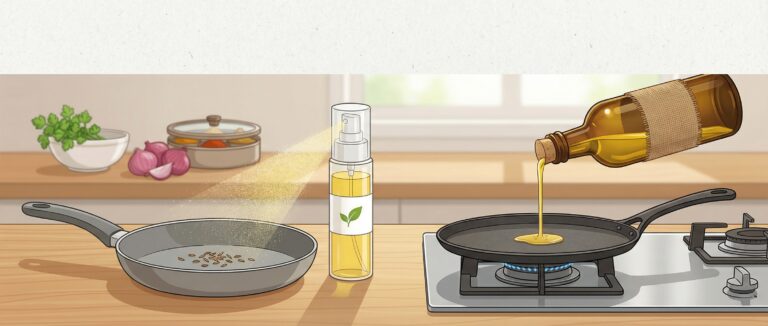 Side-by-side view of a cooking oil spray and a traditional oil bottle being used on a pan in an Indian kitchen, showing controlled oil application for everyday cooking.