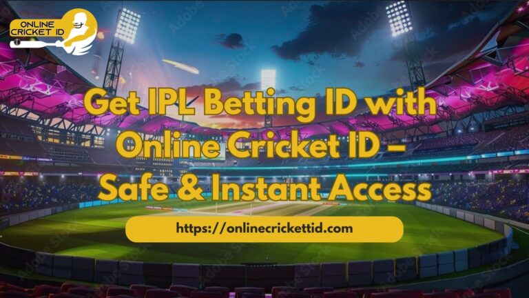 **Alt text:** Colorful cricket stadium under bright floodlights at night with a full crowd and illuminated roof. Large text in the center reads “Get IPL Betting ID with Online Cricket ID – Safe & Instant Access,” with the website link “[https://onlinecricketid.com”](https://onlinecricketid.com”) displayed below and the Online Cricket ID logo in the top-left corner.