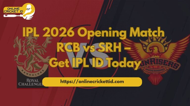 Promotional banner for the Indian Premier League showing the opening match between Royal Challengers Bangalore and Sunrisers Hyderabad. The image features both team logos with the text “IPL 2026 Opening Match RCB vs SRH – Get IPL ID Today” along with the website link “https://onlinecricketid.com” and the Online Cricket ID logo.