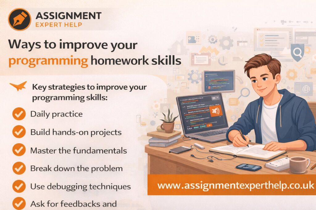 Ways to improve programming homework skills including daily practice, debugging techniques, and hands-on projects for students