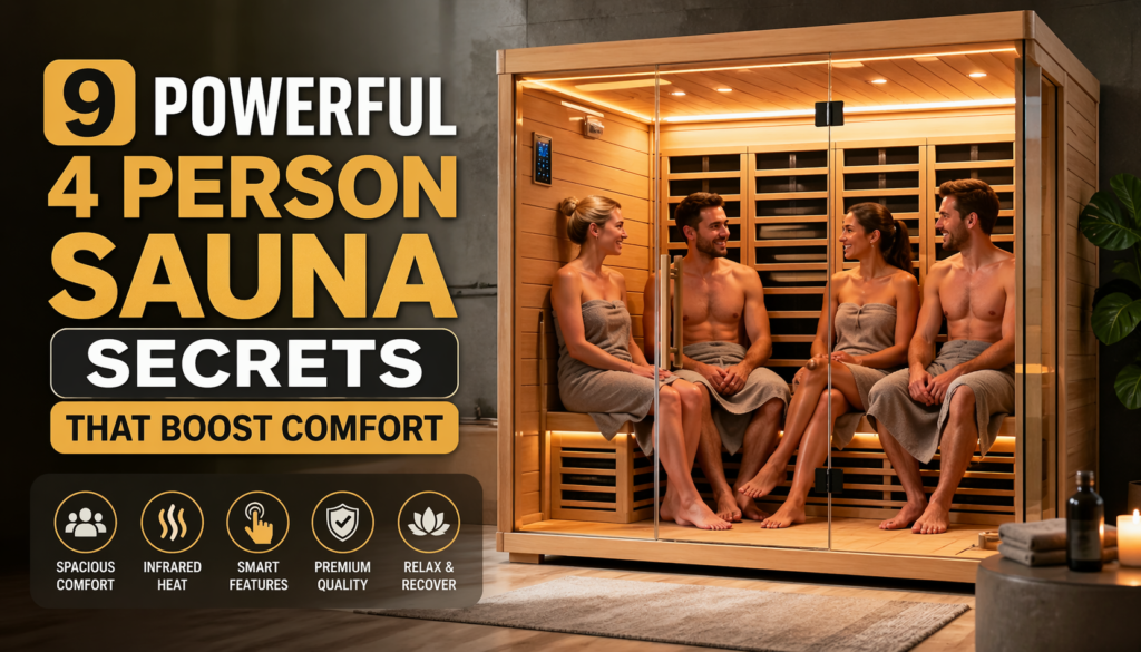 Four people relaxing inside a modern 4 person infrared sauna with warm lighting and wooden interior, showing comfort and shared home wellness experience.