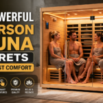 Four people relaxing inside a modern 4 person infrared sauna with warm lighting and wooden interior, showing comfort and shared home wellness experience.
