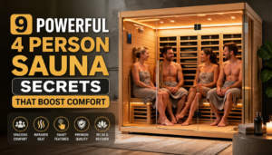 Four people relaxing inside a modern 4 person infrared sauna with warm lighting and wooden interior, showing comfort and shared home wellness experience.