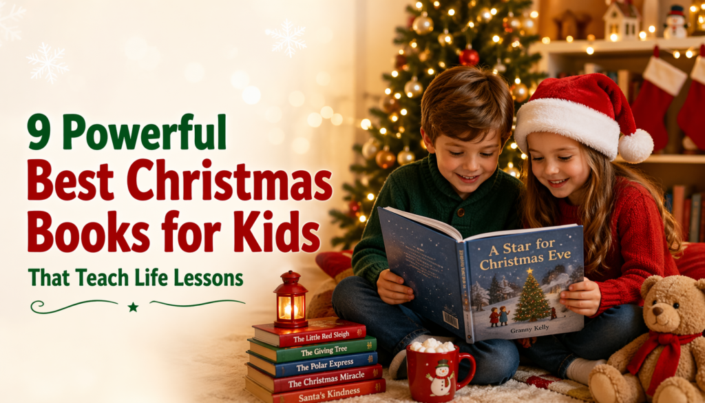 Children reading Christmas book near decorated tree, cozy holiday scene with kids learning life lessons from story