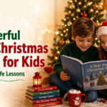 Children reading Christmas book near decorated tree, cozy holiday scene with kids learning life lessons from story