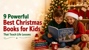 Children reading Christmas book near decorated tree, cozy holiday scene with kids learning life lessons from story