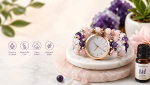 Beaded watch bracelet with rose gold watch face, crystal beads, essential oil bottle, and soft pastel background in a modern lifestyle setting