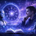 Futuristic sci-fi scene with a human, robot, astronaut, and glowing time portal under a purple galaxy sky with an open book in the foreground