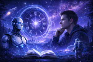 Futuristic sci-fi scene with a human, robot, astronaut, and glowing time portal under a purple galaxy sky with an open book in the foreground