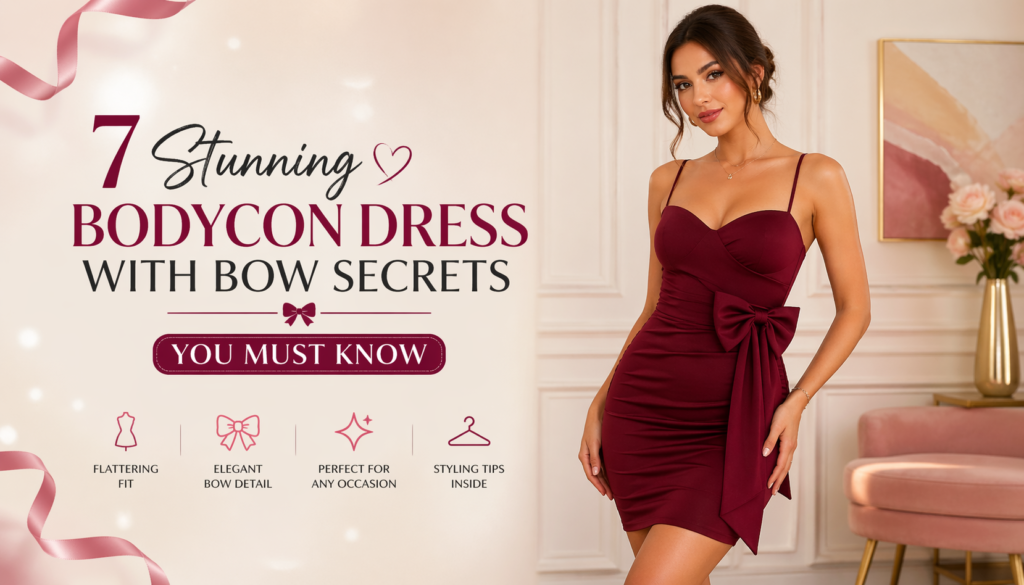 Elegant blog banner showing a woman wearing a burgundy bodycon dress with a bow, styled in a soft modern interior with space for title text.