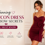 Elegant blog banner showing a woman wearing a burgundy bodycon dress with a bow, styled in a soft modern interior with space for title text.