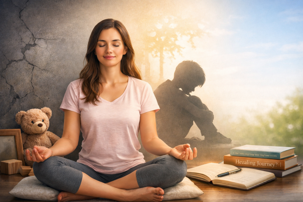 Woman practicing meditation with childhood trauma symbolism, showing emotional healing journey with journal and books