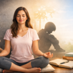 Woman practicing meditation with childhood trauma symbolism, showing emotional healing journey with journal and books