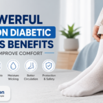 Person wearing soft white cotton diabetic socks while sitting on a bed, showing comfort, breathability, and gentle fit for sensitive feet