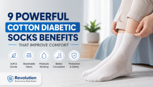 Person wearing soft white cotton diabetic socks while sitting on a bed, showing comfort, breathability, and gentle fit for sensitive feet