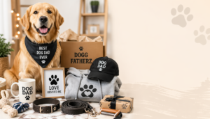 Golden retriever surrounded by dog-themed gifts including apparel, toys, mug, leash, and gift box in a modern indoor setting