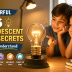 Children smiling and looking at a glowing E26 incandescent bulb on a table in a warm, cozy room setting