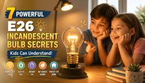 Children smiling and looking at a glowing E26 incandescent bulb on a table in a warm, cozy room setting