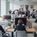 Professionals working in a modern UK office using high-speed business broadband for daily operations