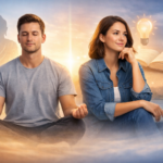 Man meditating calmly with eyes closed beside a woman reflecting thoughtfully, symbolizing meditation vs contemplation and inner growth.