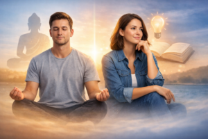 Man meditating calmly with eyes closed beside a woman reflecting thoughtfully, symbolizing meditation vs contemplation and inner growth.