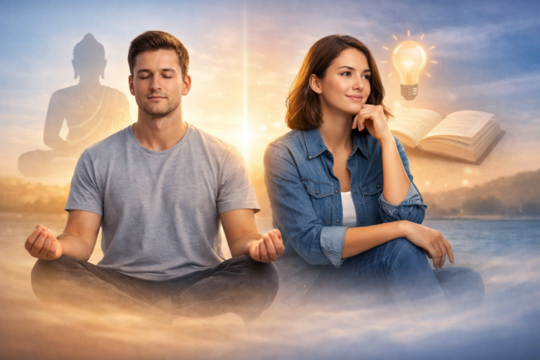 Man meditating calmly with eyes closed beside a woman reflecting thoughtfully, symbolizing meditation vs contemplation and inner growth.