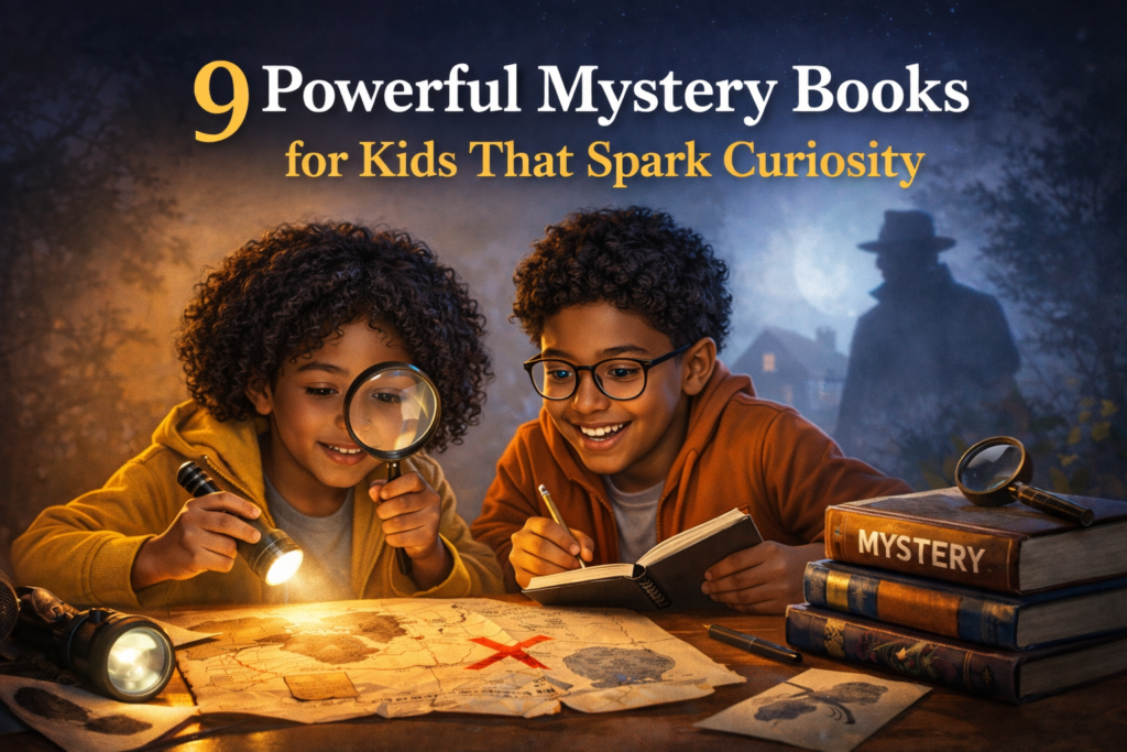 Children solving a mystery with magnifying glass and map in a nighttime adventure scene for kids mystery books blog