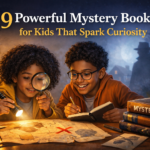 Children solving a mystery with magnifying glass and map in a nighttime adventure scene for kids mystery books blog