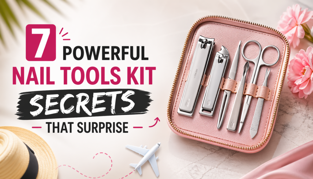 Portable nail tools kit with stainless steel manicure tools in a pink travel case, displayed on a clean background with beauty and travel elements