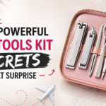 Portable nail tools kit with stainless steel manicure tools in a pink travel case, displayed on a clean background with beauty and travel elements