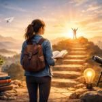Woman standing on a mountain path at sunrise reading a book, symbolizing personal growth, self-improvement, and achieving life goals