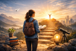Woman standing on a mountain path at sunrise reading a book, symbolizing personal growth, self-improvement, and achieving life goals