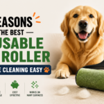 A golden retriever sitting on a couch next to a reusable lint roller with a green sticky surface, showcasing the product's eco-friendly and cost-effective benefits.