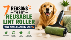 A golden retriever sitting on a couch next to a reusable lint roller with a green sticky surface, showcasing the product's eco-friendly and cost-effective benefits.