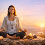 Woman meditating on a mountain at sunrise with candle, book, and spiritual objects symbolizing inner peace and spiritual growth