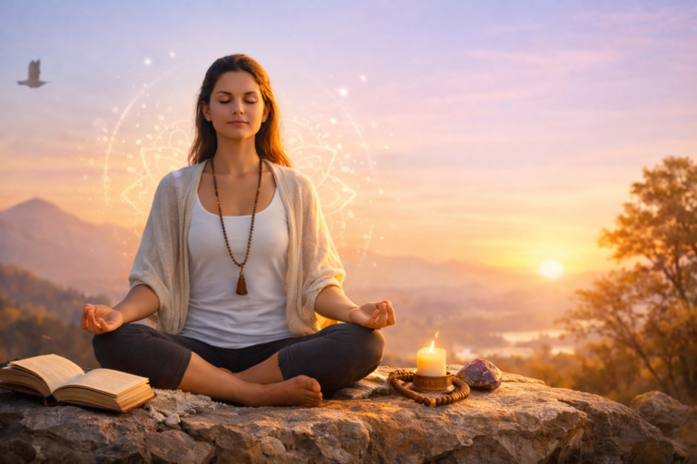 Woman meditating on a mountain at sunrise with candle, book, and spiritual objects symbolizing inner peace and spiritual growth