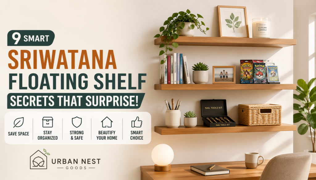 Modern living room with Sriwatana floating shelves displaying books, plants, decor, and organized home essentials on a clean wall.