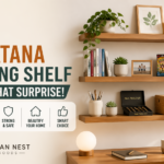 Modern living room with Sriwatana floating shelves displaying books, plants, decor, and organized home essentials on a clean wall.