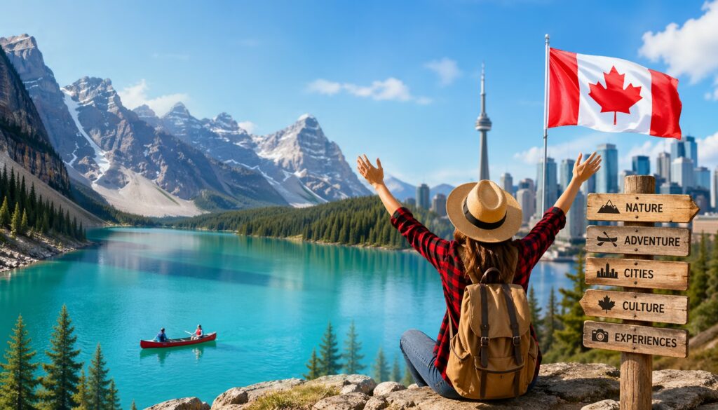 Traveler enjoying a scenic Canadian lake with mountains, forest, city skyline, and Canadian flag in a vibrant outdoor setting