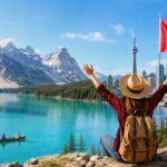 Traveler enjoying a scenic Canadian lake with mountains, forest, city skyline, and Canadian flag in a vibrant outdoor setting