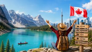 Traveler enjoying a scenic Canadian lake with mountains, forest, city skyline, and Canadian flag in a vibrant outdoor setting